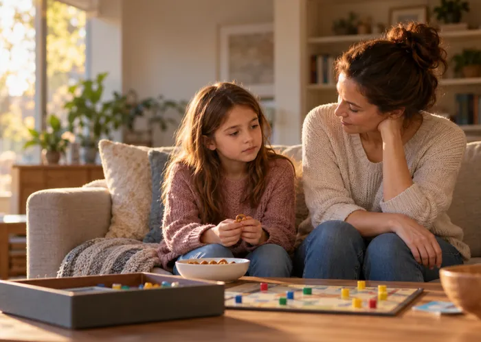 Parent talking with child on the couch after a playdate